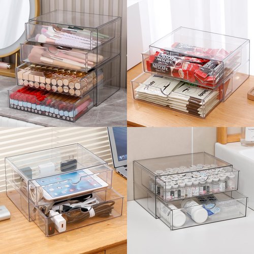 NINEWEEN Stackable Storage Drawers, Plastic Storage Bins for Home Office, Bathroom, Kitchen, Pantry, Clear Desk Organizer for Accessories, Marker, Pencils, Books, Art Crafts, Makeup (6 Drawers)