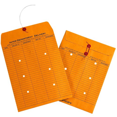 BOX USA Inter-Department Envelopes, 10' x 13', Kraft, String and Button Closure, Reusable, for Delivery of Company Mail, Case of 100
