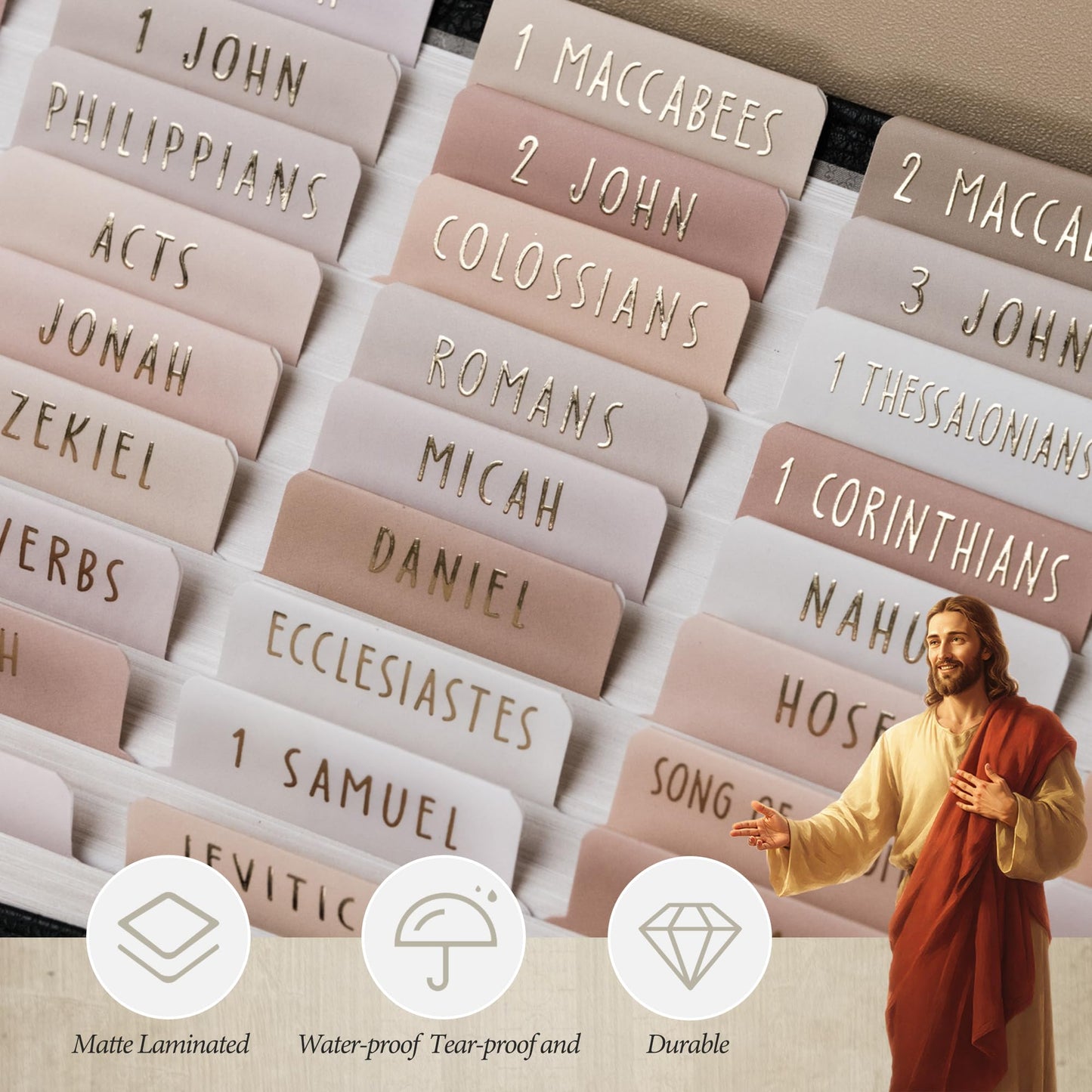 UPAFEXXI-Laminated Bible Tabs (Gold Foil Embossed Lettering), Bible Tabs for Women and Men, Reposition Large Print Stickers, Easy to Read and Apply, 80Chapters Labels for Easy Navigation(Cappuccino)