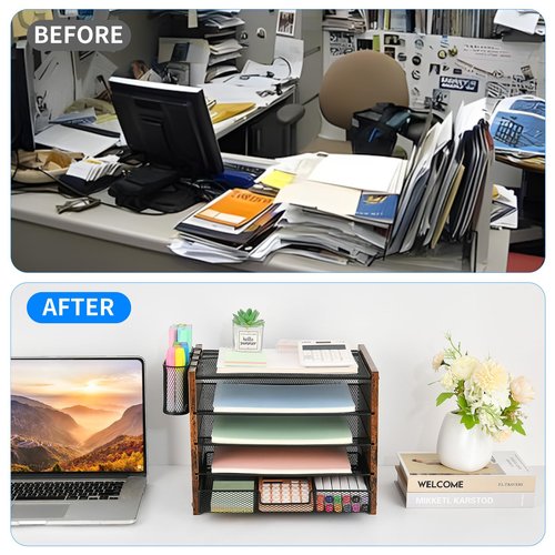 OPNCIE Desk Organizer and Accessories, 5-Tier Paper Letter Tray File Organizer with Drawer & 2 Pen Holder, Office Desk Accessories Workspace Desktop Organizer for Office Supplies(Brown)