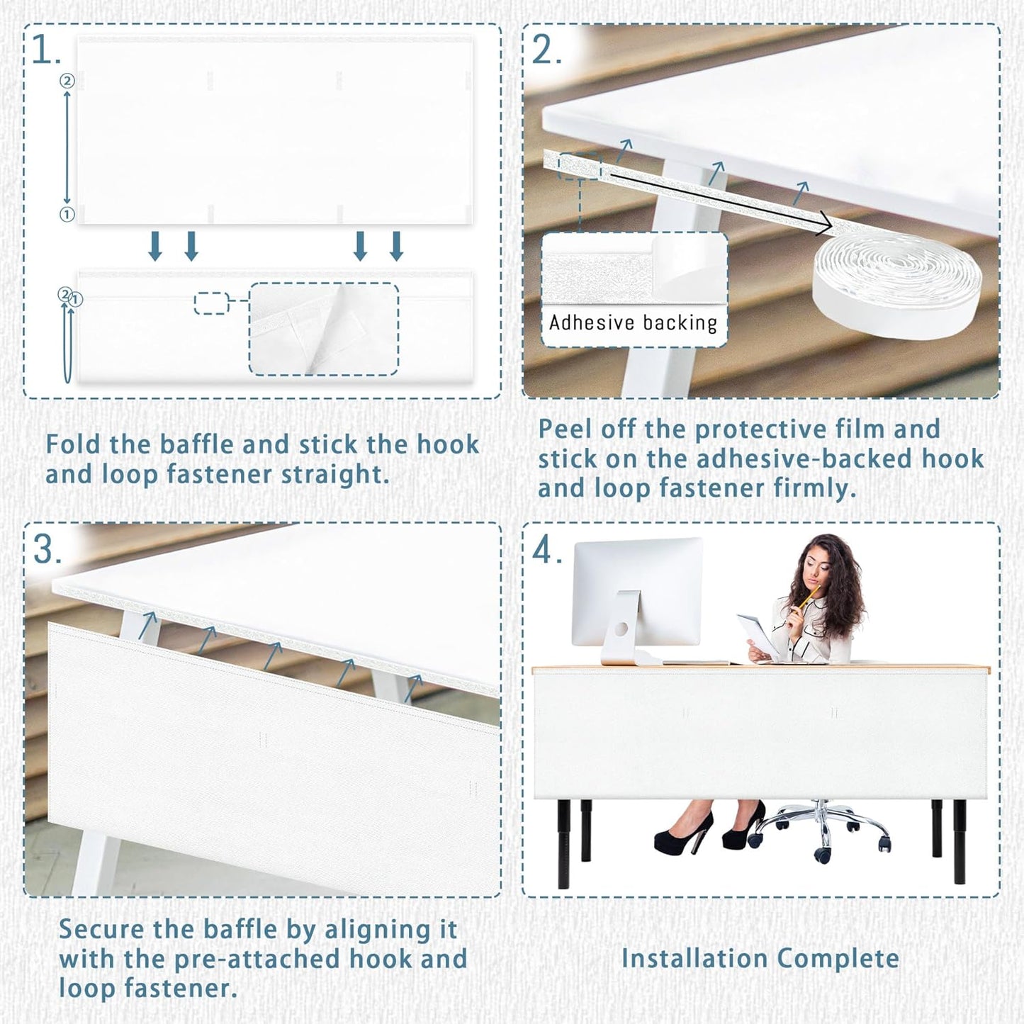 Under Desk Privacy Panel - White Self-Adhesive Modesty Panel with Cable Management | Heavy Duty Desk Skirt
