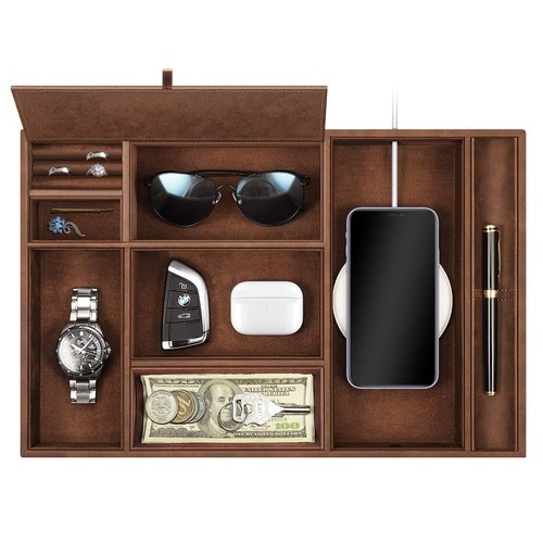 SITHON Valet Tray Desktop Organizer - 8 Compartments Catchall EDC Tray PU Leather Bedside Vanity Nightstand Caddy Coin Box Key Jewelry Storage Organizer, Brown