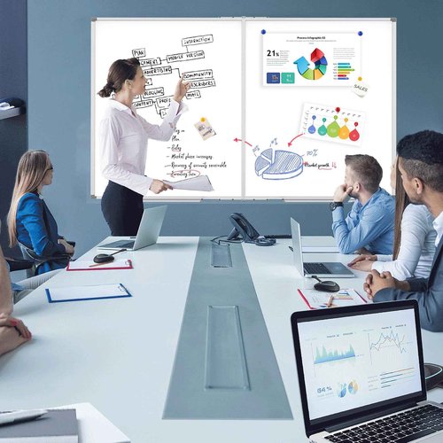 HIKINGO Large White Board for Wall, 72 x 40 inch Magnetic Dry Erase Whiteboard, Foldable Board Wall Mounted Silver Aluminum Frame with 2 Marker Trays for Office School & Home