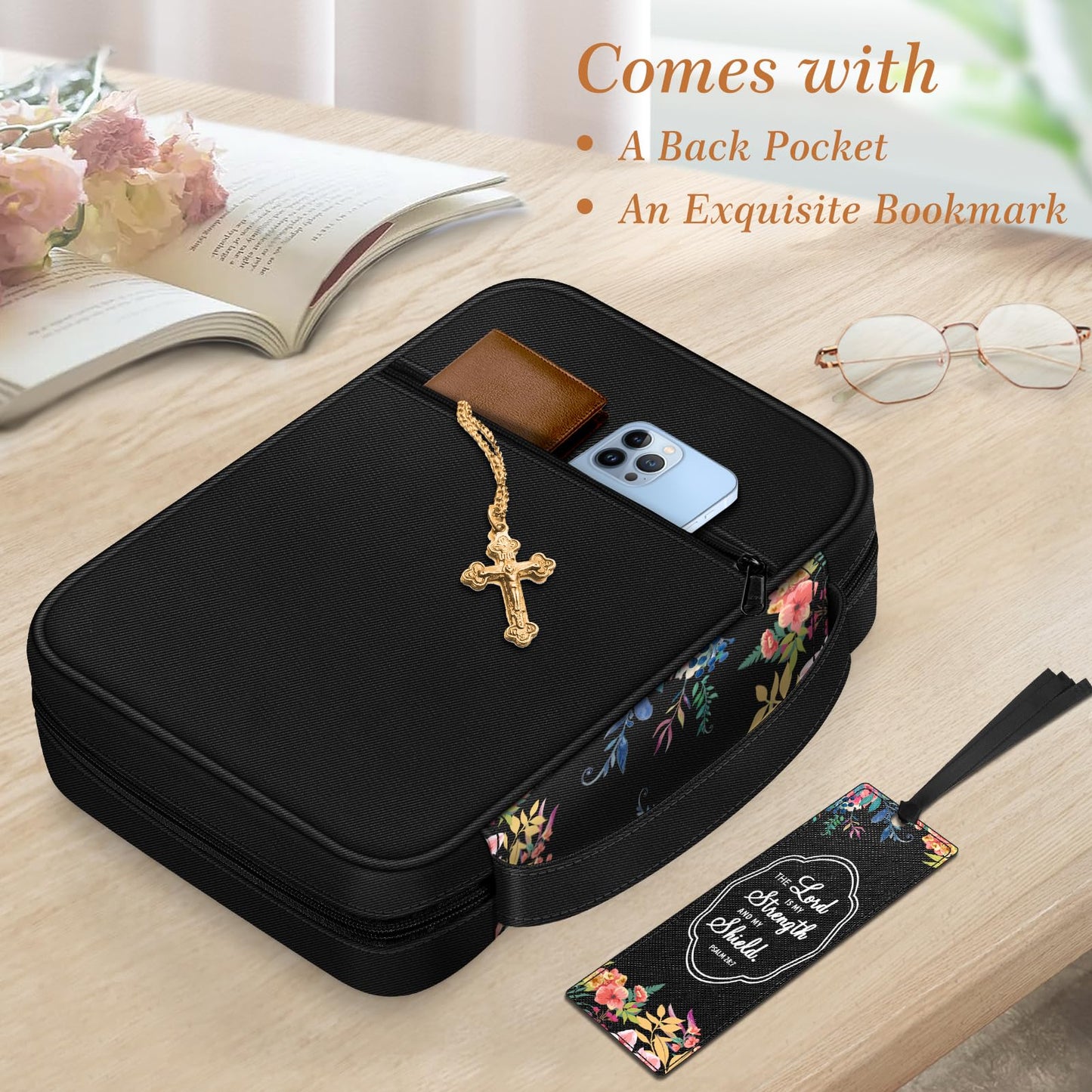 FINPAC Bible Cover, Carrying Book Case Church Bag Bible Protective with Handle and Zippered Pocket, Gift for Mother Lady Women Men, Floral Black