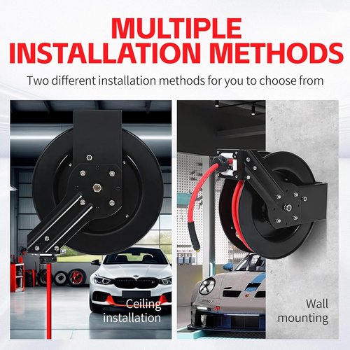 MaxWorks 50-Foot Retractable Air Hose Reel - 3/8" Heavy-Duty Rubber Hose, 250 PSI, Brass Fittings | Ideal for Garage & Workshop