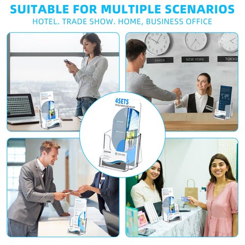 Feifeiya 4 Packs 4 Inch Acrylic Brochure and Business Card Holder, Wall Mount Pamphlet Display Stand Flyer Brochure Display Rack for Business Magazine Pamphlet Booklets Menu Journals Book