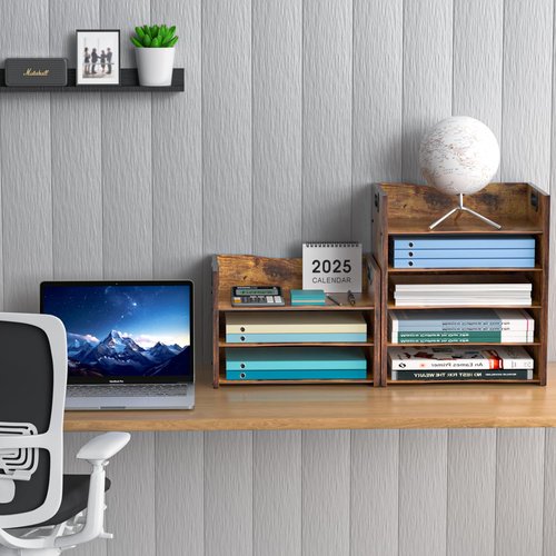 LMZAPET 5-Tier Wood Paper Organizer, File Holder for Desk With Handle - Wooden Paper Letter Tray, Desk Organizer and Accessories, File Cabinet for Home Office, School