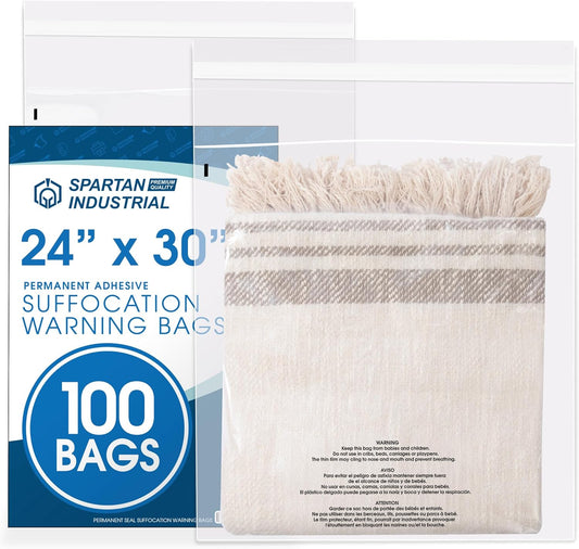 Spartan Industrial - Self-Seal Clear Poly Bags (24" X 30", 100 Count) - Safe Packaging with Suffocation Warning