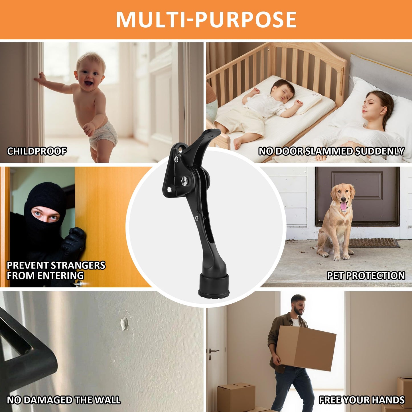 Malimali Kickdown Door Stoppers for Bottom of Door, 4" Height Adjustable Rubber Door Stop Commercial Heavy Duty Door Holder to Keep Door Open (Black, 2 Pack)
