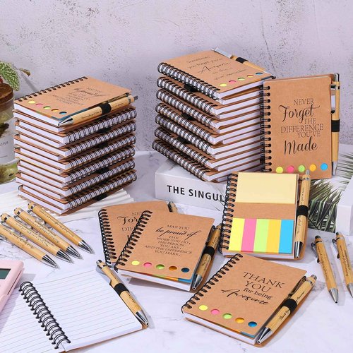 Czlotyh 20 Sets Employee Appreciation Gifts Spiral Notebooks with Sticky Notes Notepads Thank You Journals Inspirational Bamboo Ballpoint Pens Bulk for Nurse Teacher Coworker