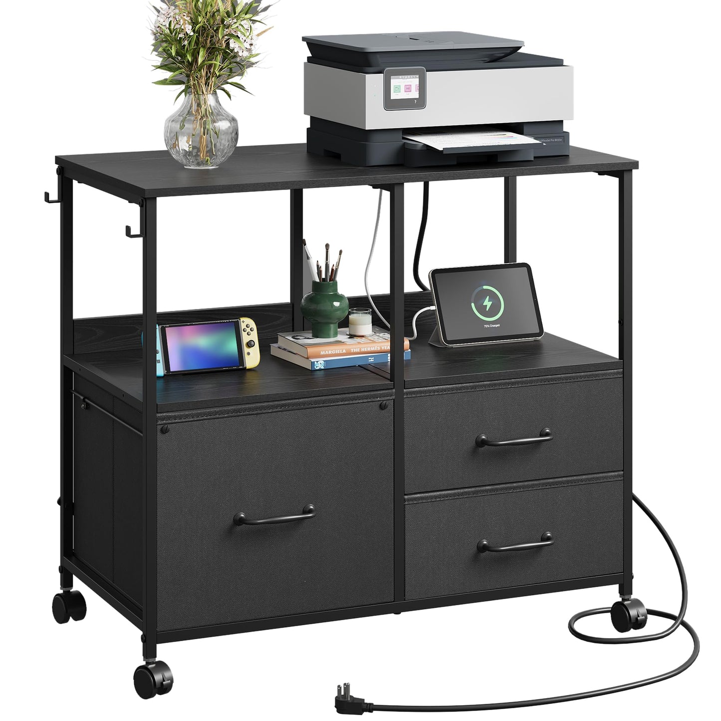 DEVAISE 3 Drawer File Cabinet with Charging Station, Rolling Printer Stand for Office Storage, Mobile Filing Cabinet fits Under Desk Storage, Black