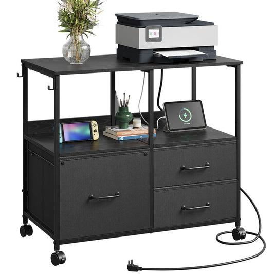 DEVAISE 3 Drawer File Cabinet with Charging Station, Rolling Printer Stand for Office Storage, Mobile Filing Cabinet fits Under Desk Storage, Black