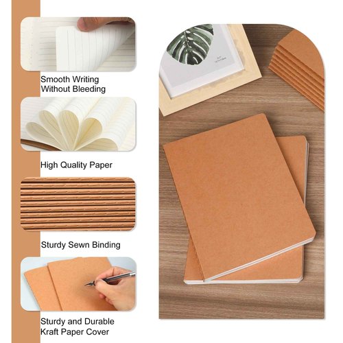 miikoul 100 Pack A5 Kraft Paper Notebook Lined Journal Bulk, 8.3 X 5.5 Inch, 60 Pages/30 Sheets, 80gsm, Travel Notebook Notepad for Adult, Students, Gift, Office, Back to School Supplies