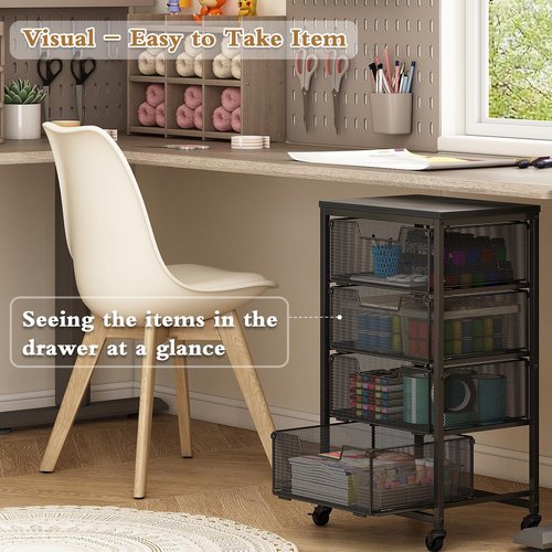 Metal Art and Craft Storage Organization Cart 4-Drawers Utility Rolling Carts With Lockable Wheels&Wooden Tabletop Art-Craft Supplies For Classroom,Office,Make-up,Kitchen,Bedroom,14"L x 11"W x 27.55"H
