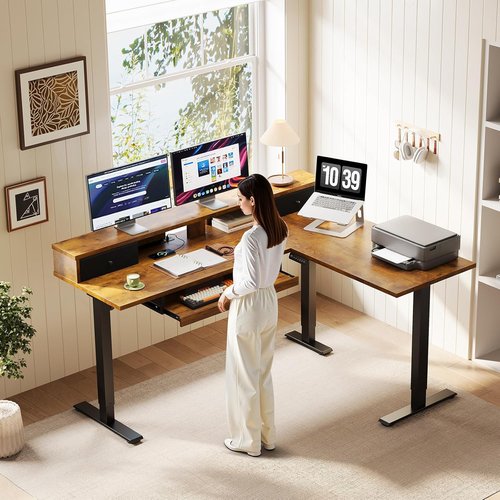 OffiGo L-Shaped Electric Standing Desk - Height Adjustable Corner Desk with Drawers & Monitor Stand | Rustic Brown, 59 Inch