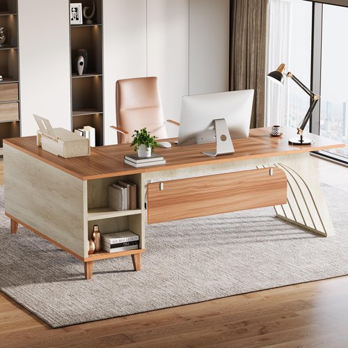 Tribesigns 78" L-Shaped Executive Desk, Large Modern Office Desk with Lateral File Cabinet and Drawer, Home Business Computer Workstation Set with Storage Shelves, Walnut & Oak