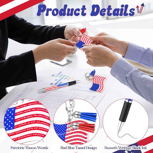 Sayglossy 50 Sets Veterans Day Gift Veterans Ballpoint Pen American Flag USA Acrylic Keychain with The USA Patriotic Themed Card Souvenirs Gifts for Veteran Patriotic Party Supplies