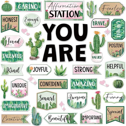 Skiennix 45-Piece Cactus Affirmation Station Set - Motivational Posters & Cutouts for Classroom Decor