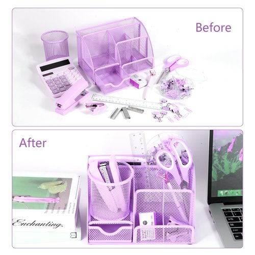 yuun Desk Organizers and Accessories, Purple Office Organizer for Women Storage with Stapler, Tape Holder, Clips Set, Staple Remover, Scissor, Pen Holder, Ruler, Pen, Staples and Transparent Glue