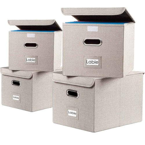 PRANDOM File Organizer Box - Set of 4 Collapsible Decorative Linen Filing Storage Hanging File Folders with Lids Office Cabinet Letter Size Light Grey (15x12.2x10.75 inch)