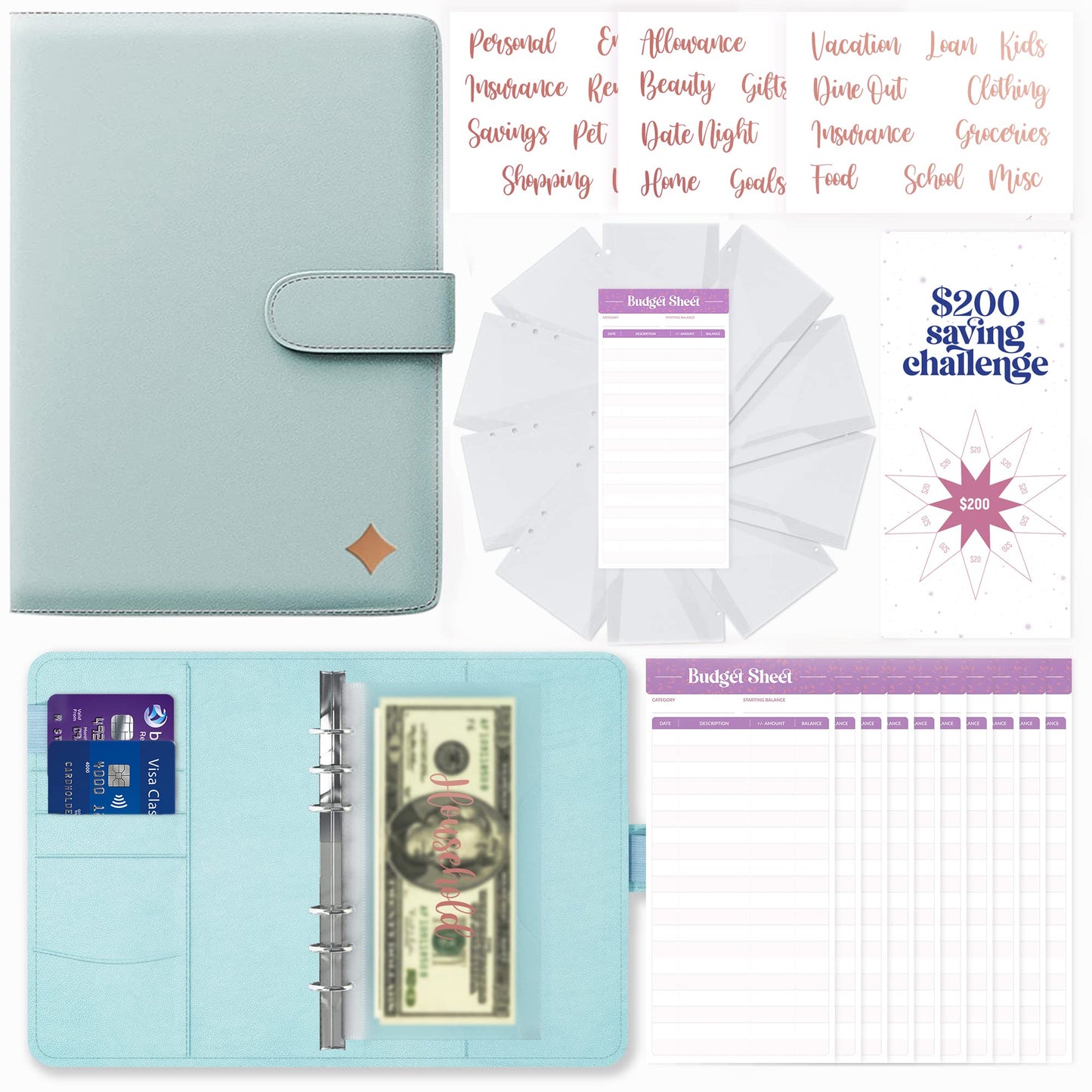 SOUL MAMA Budget Binder with Cash Envelopes - Blue Money Organizer for Cash, A6 Binder Cash Envelopes for Budgeting, Money Saving Binder with Rose Gold Stickers