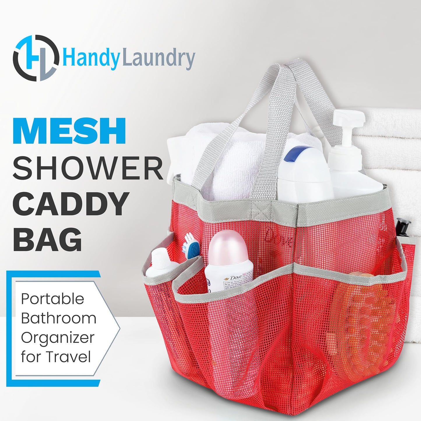 Handy Laundry Mesh Shower Caddy – 7 Pocket Portable Organizer Tote for Dorm, Gym, Travel & Bathroom – Quick Dry Collapsible Bag for College Essentials, Toiletries & Cleaning Supplies (Pink)