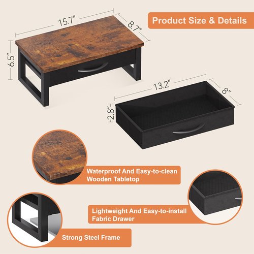 HEWORLIF Computer Monitor Stand Riser with Drawer, 2-Tier Desk Accessories & Workspace Organizers, Laptop Stand for Desk with Storage, Office Organization, Wood