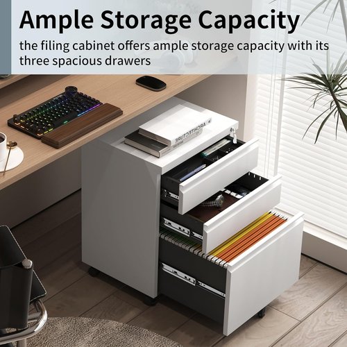 Approgreent Mobile File Cabinet - Lockable 3-Drawer Filing Cabinet with Wheels | A4/Letter/Legal Size, White