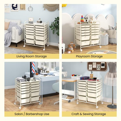 RELAX4LIFE 12 Drawer Rolling Storage Cart, Utility Cart w/Wheels for Paper Tool Makeup, Art Supplies Craft Organizers for Home Teacher Office School Classroom, Mobile Drawer Carts (White)