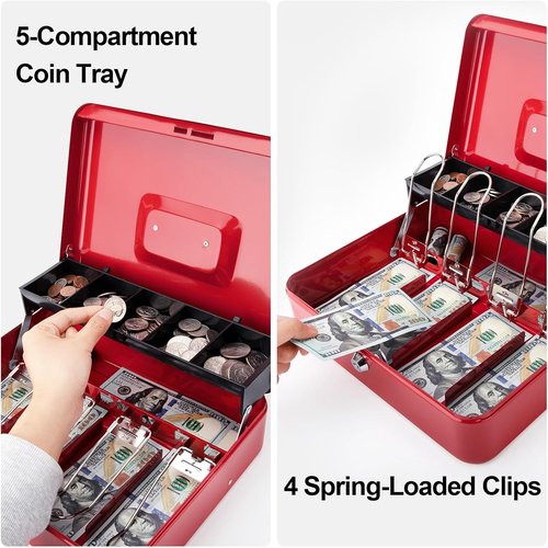Jssmst Cash Box - Secure Red Money Tray with Key Lock | Large 11.8'' x 9.5'' x 3.5'' Safe Drawer