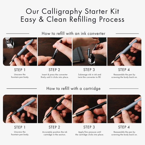 Wordsworth and Black Calligraphy Pen Set - Grey - Includes 2 Calligraphy Pens, 18 ML Ink Bottle, 60 Ink Cartridges, Ink Refill Converter, 1 Medium and 4 Broad Nibs, Brush Pen