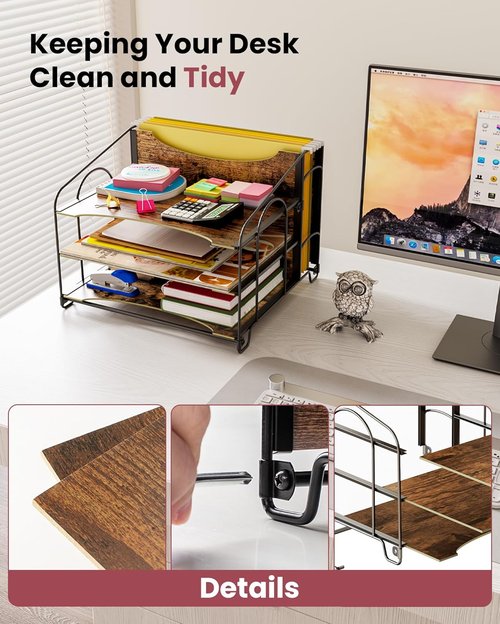 Oterri Wood Desk File Organizer - 3-Tier Metal Paper Tray with Folder Holders | Office & Home Use