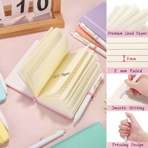 Aodaer 50 Sets Pocket Notebook Journal with Pens, 160 Pages, 3.5 x 5.5 Inch Mini Lined Journal Notebook A6 Leather Hardcover College Ruled Notepad with Pen Holder for School Office, Light Multicolor