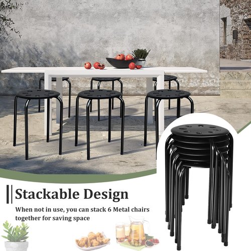COSTWAY 6-Pack Round Plastic Stack Stools, 17.5-inch Height Backless School Classroom Decoration Stools with Metal Frame, Portable Stackable Chairs for Kids Children Students, Black