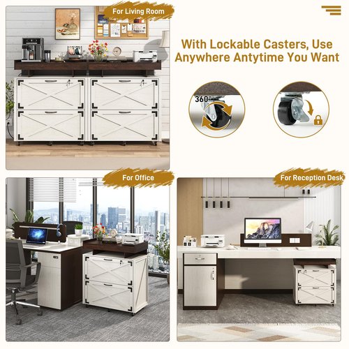 Farmhouse 2 Drawer File Cabinet on Wheels, 30" Large Locking Filing Cabinets w/ Hanging File Folders for A4/Letter/Legal Size Documents, Office Rolling Storage Cabinet for Home Office,White