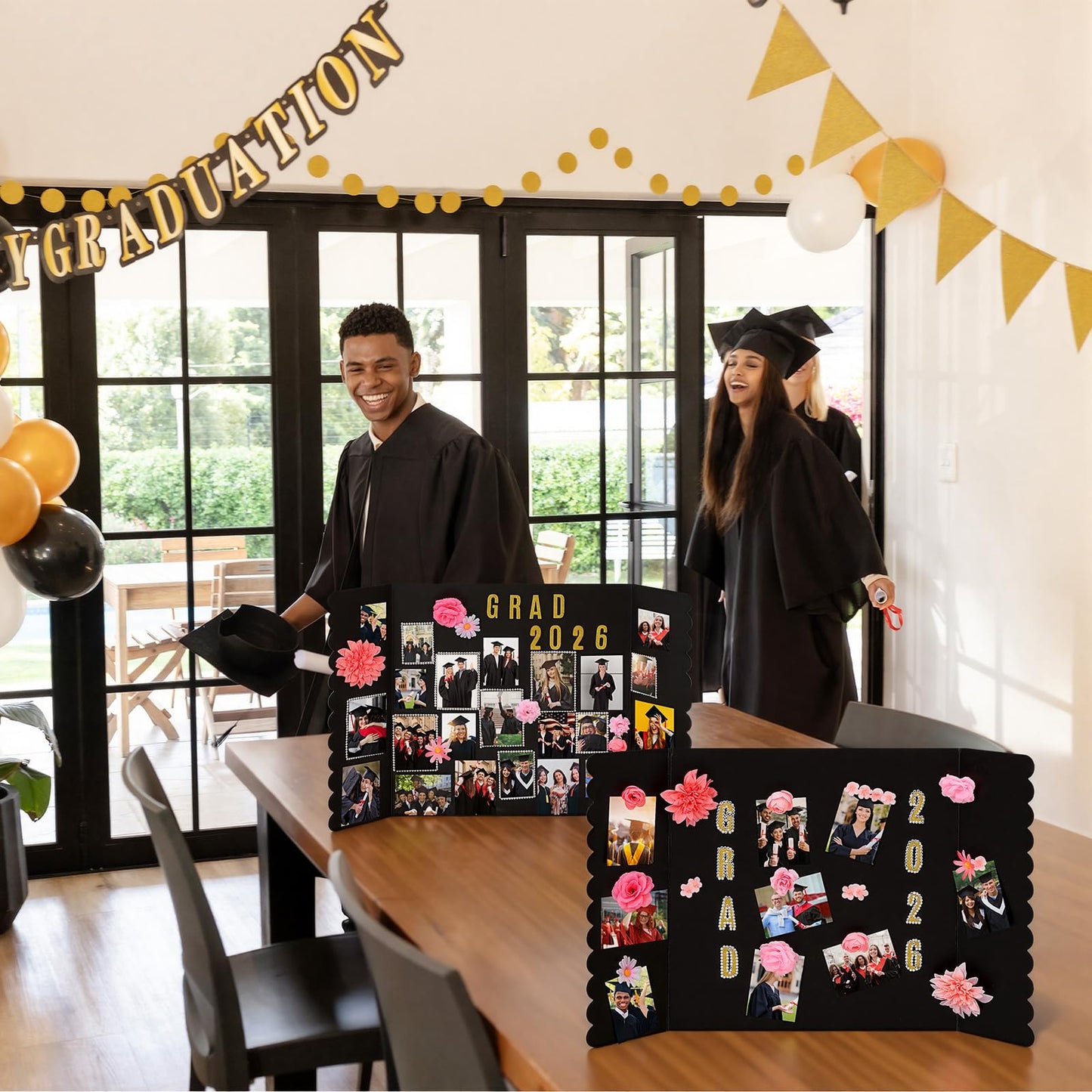 Marspark 2 Pack Large Graduation Photo Display Board 31.5 x 19.7 Inches Trifold Poster Board with Artificial Flowers for Class of 2026 Grad Party Picture Display Graduation Photo Frames Table Decor