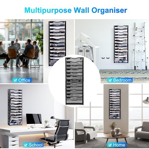 Solinxe 12-Tier Wall File Organizer, Mesh Mail Organizer Wall Mounted Paper Document Holder, Vertical Magazine Rack, Metal Hanging Clipboard Storage Basket for Office Home School Organization, Black