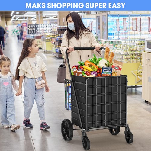 450lbs Capacity Shopping Cart,Upgrade Huge Grocery Cart on Wheels,Heavy Duty Foldable Utility Shopping Carts with Double Basket and 360° Rolling Swivel Wheels for Groceries Laundry Transport 1