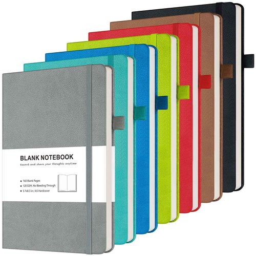 Blank Journal Notebook, 7 Pack Leather Unlined Notebook Journal for Women Men, Plain Notebooks Bulk for School, Work, Sketchbook, Writing, Drawing, 120 GSM Thick Paper, Hardcover, A5, Multi Colors