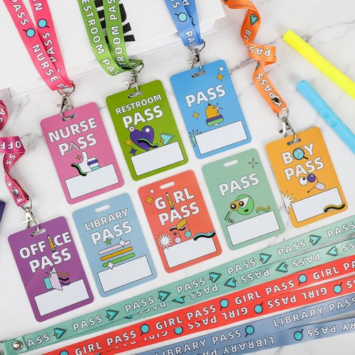 Skiennix 8 Pcs Writeable Hall Passes - Unbreakable PVC Lanyards for Classrooms & Offices