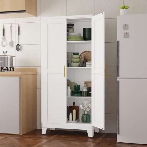 Pozdeg Metal Storage Cabinet - 61" Tall Steel File Cabinet with 2 Doors & 3 Adjustable Shelves | Versatile White Storage for Home, Office, Garage, or Outdoor Use