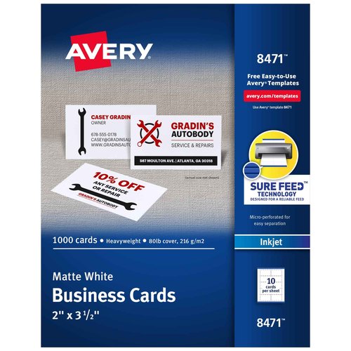 Avery Printable Business Cards with Sure Feed Technology, 2" x 3.5", White, 1,000 Blank Business Cards, Inkjet Printer Paper (8471)