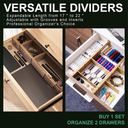 MAGIC BAMBOO 4 Pack Bamboo Drawer Dividers with Inserts and Labels – Adjustable Kitchen Drawer Organizers, Expandable Storage Solutions for Home, Office, Dressers (17-22 Inches)