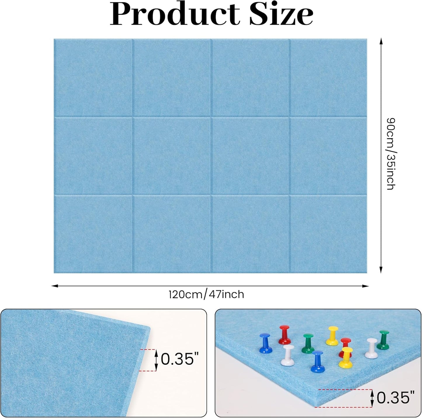 Skiennix Large Blue Felt Bulletin Board Tiles - 12-Pack Wall Organizer for Office Decor