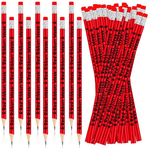 Fainne 300 Pcs Red Ribbon Week Pencils Bulk Red Ribbon Awareness Pencils for Students Teacher Drug Free Pencil with Erasers for Awareness Campaigns Supplies