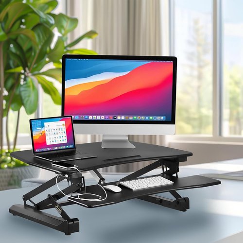 Mount-It! Electric Standing Desk Converter - 35.4" Ergonomic Sit-Stand Riser with USB Charging Port - Black
