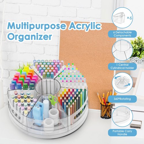 CraftGenes Pen Organizer for Desk - Acrylic Pen Holder with Hand Grips, 360° Extra Large Rotating Desk Organizer with 7 Removable Compartments for Office, Home, and Makeup Storage, Marker Organizer