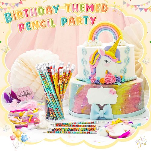 Kosiz 600 Pcs Happy Birthday Pencils Colorful Printed Birthday Pencils with Top Erasers Perfect For Teachers Class Reward Party Kids Gifts Supplies