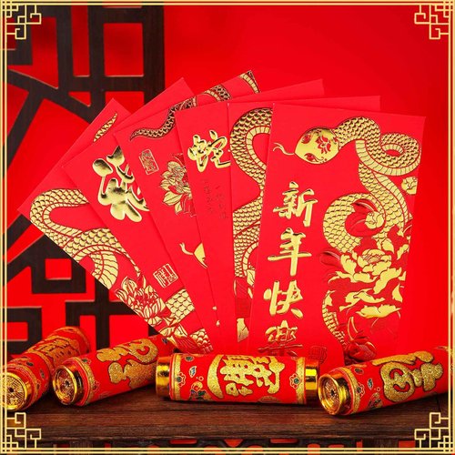 Jetec 300 Pcs Chinese Red Envelope 2025 Chinese New Year Hong Bao Lunar Lucky Money Packets for Spring Festival Birthday Wedding Supplies Decorations, 3.5 x 6.6 Inch, 6 Patterns(Snake Style)