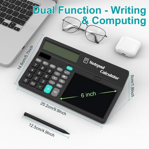Calculators Desktop with Notepad Writing Tablet 6 Inch, 12 Digit Large Button Office Calculator with Magnetic Stylus, Support Solar & Battery, Desk Calculator for Office, School & Home
